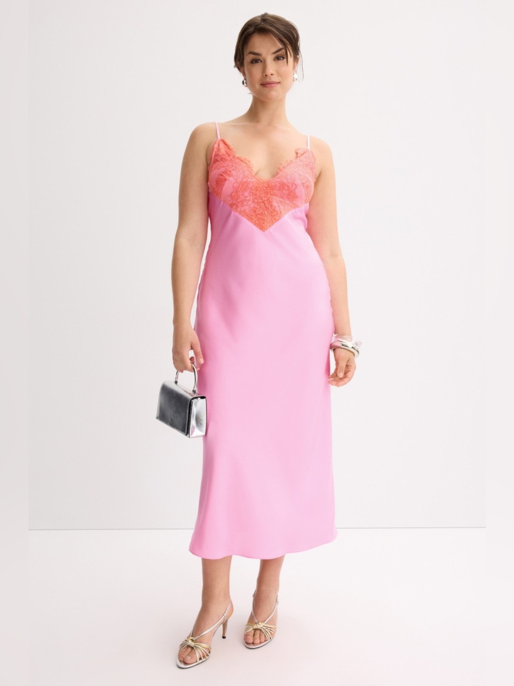 Ronny Kobo Collection Pink Slip Dress with Coral Lace Bodice